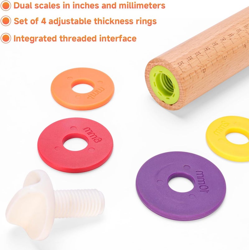 Olforce Wooden Rolling Pin with Thickness Rings and Pastry Baking Mat, Pizza, Cookie, Bread, Pie Crusts,Roller Rod for Dough Thickness, 13.6" with 4 Multicolored Thickness Rings&Cookie Molds - Image 5